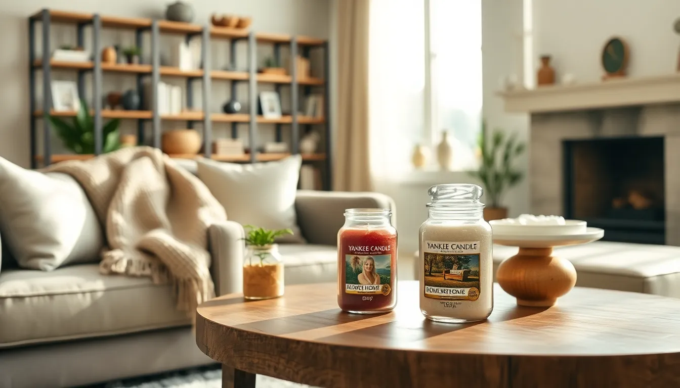 cozy living room with Yankee Candle 'Home Sweet Home' on a coffee table.