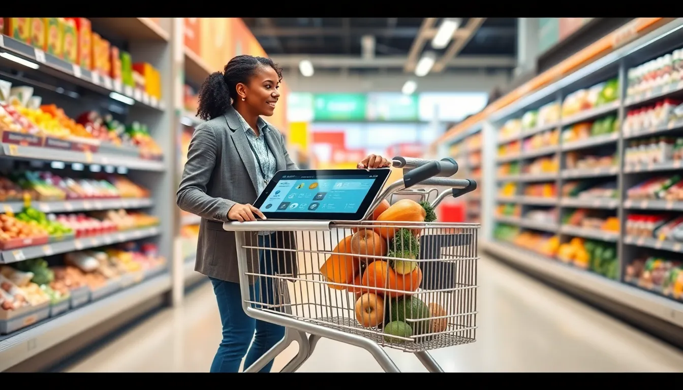 diverse shopper using a smart shopping cart in a modern grocery store.
