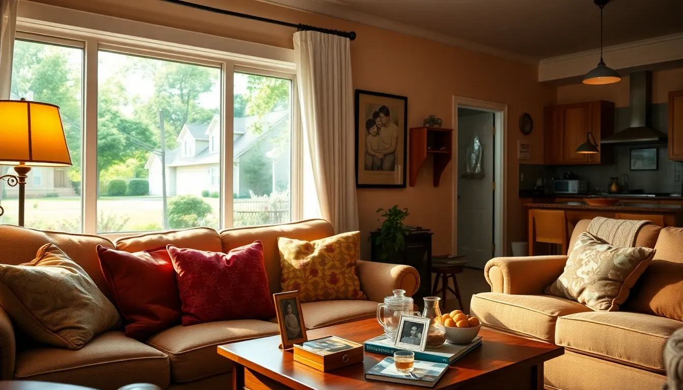 inviting living room with nostalgic decor and a view of a friendly neighborhood.